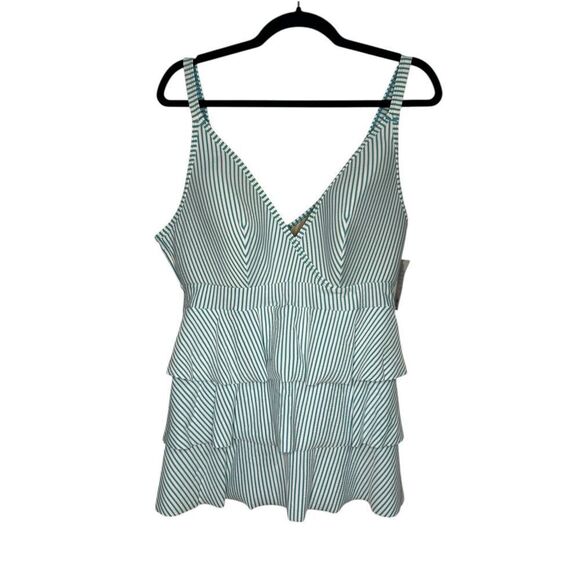 Swim by Cacique Women’s 14 Tankini Swim Top Seersucker Stripe Green Ruffle NEW - Picture 1 of 8